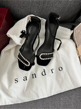 Sandro Paris Black Velvet Embellished Heeled Sandals - Size 39
